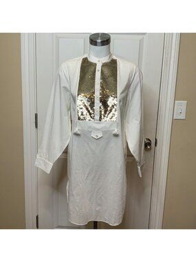 Figue White Sequin Bib Long Sleeve Tunic Shirt Dress, Size XS